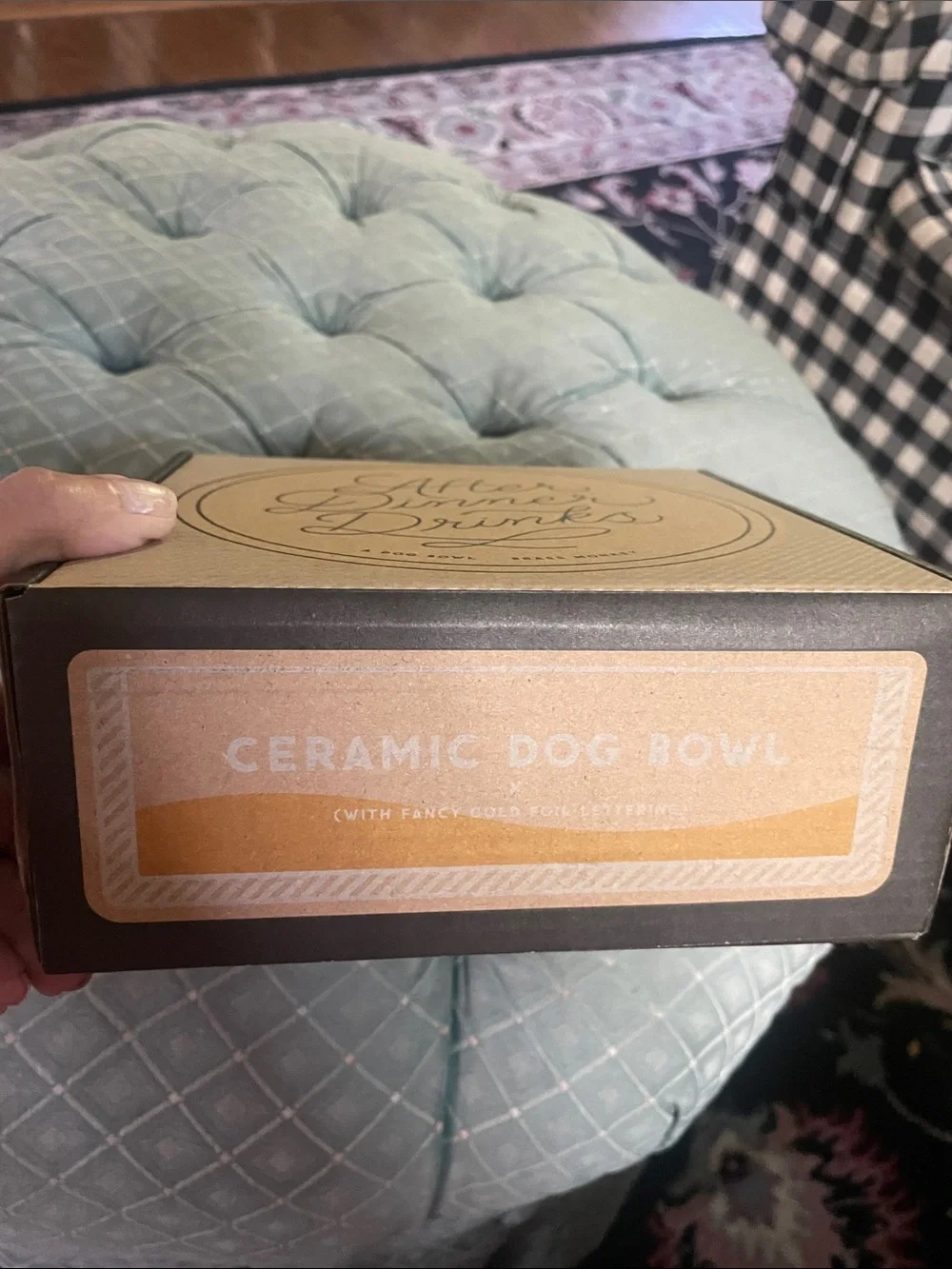 After Dinner Drinks White Ceramic Dog  Bowl with Gold Script